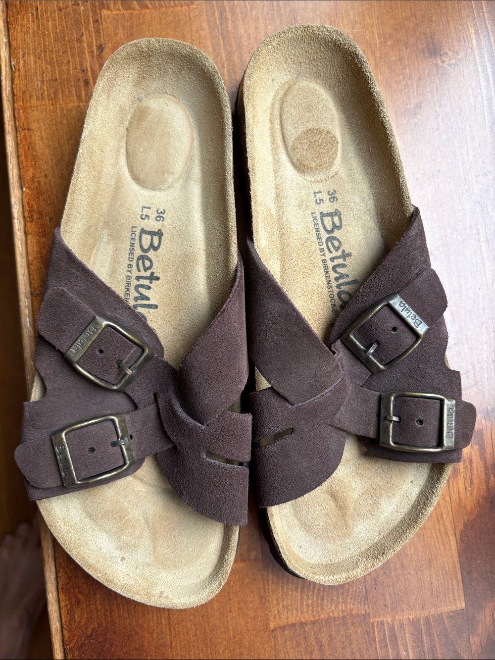 Betula Women’s Brown Suede Double Buckle Slide Sandals size 36
